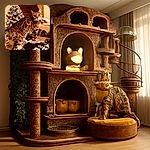 A striking Bengal cat with bold spots stands on a cluttered table, eyes wide and curious as a hand gently scratches its chin. Behind, a festive white Christmas tree adorned with blue ornaments adds a cozy holiday vibe.