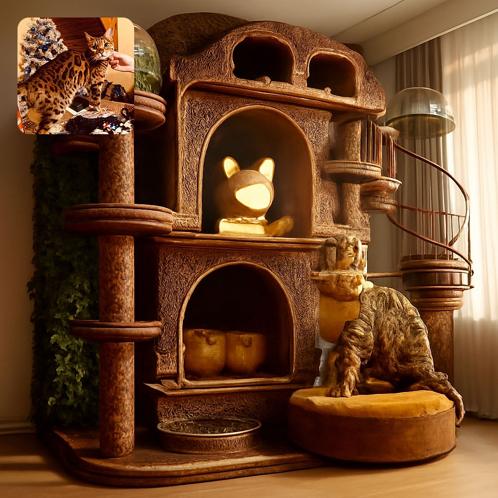 A striking Bengal cat with bold spots stands on a cluttered table, eyes wide and curious as a hand gently scratches its chin. Behind, a festive white Christmas tree adorned with blue ornaments adds a cozy holiday vibe.