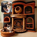A close-up portrait of a curious calico cat with striking amber eyes, basking in soft natural light by a window, showcasing its delicate whiskers and vibrant fur patterns in sharp detail.