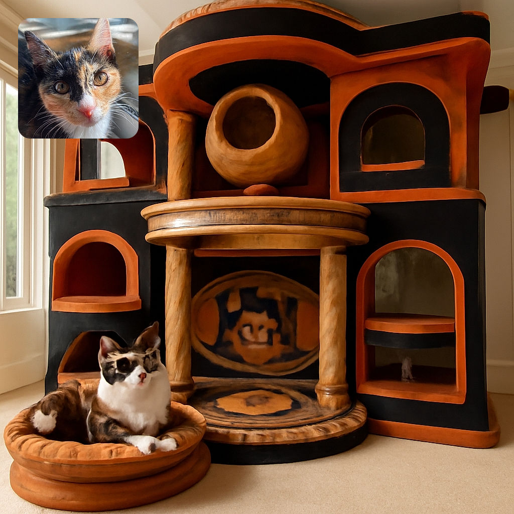 A close-up portrait of a curious calico cat with striking amber eyes, basking in soft natural light by a window, showcasing its delicate whiskers and vibrant fur patterns in sharp detail.