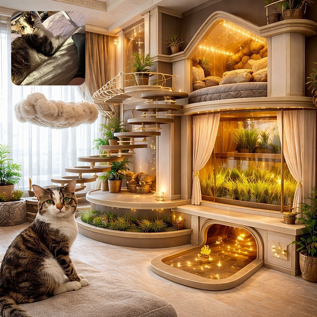 A wide-eyed tabby cat lounges on a rumpled bed, one paw tucked like a tiny roommate while a socked foot and a tray-table leg peek into frame — looks caught mid-judgey stare, perfectly lit for dramatic whisker portraiture.