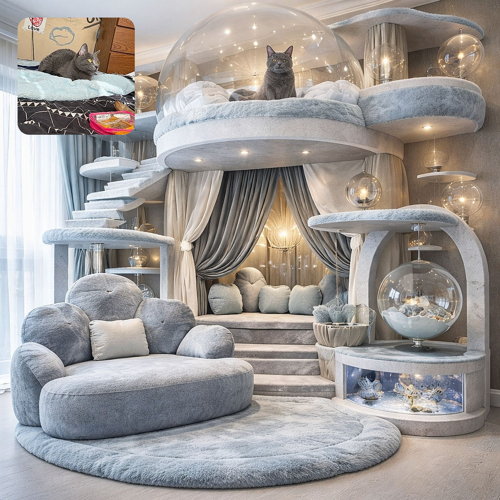 A fluffy gray cat lounges on a soft blue blanket, eyes like golden coins fixed on something off-frame while a messy, art-covered bedroom wall and wooden dresser provide a lived-in backdrop — equal parts regal and unimpressed.