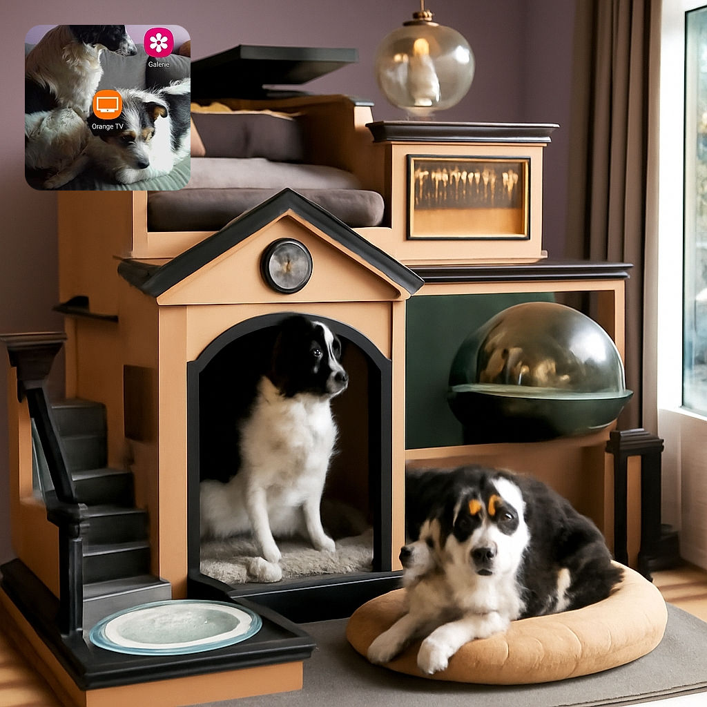 Two dogs relaxing on a couch with a plain purple wall in the background. The image is a phone screenshot with app icons and status bar visible, including Orange TV and Galerie apps, which overlay the dogs.