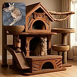 A chubby tabby cat lounges comfortably on a gray fabric couch, stretching its paws out with a slightly serious and intense gaze, as if guarding its cozy kingdom.