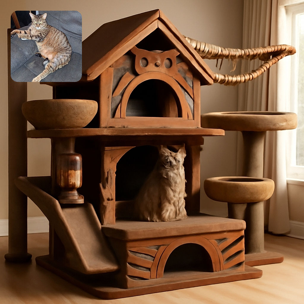A chubby tabby cat lounges comfortably on a gray fabric couch, stretching its paws out with a slightly serious and intense gaze, as if guarding its cozy kingdom.
