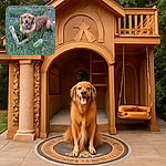 A happy golden retriever lying in the grass with a big stick, flashing a joyful smile that says 'I am the king of fetch!' The natural outdoor setting adds a peaceful vibe to the playful moment.