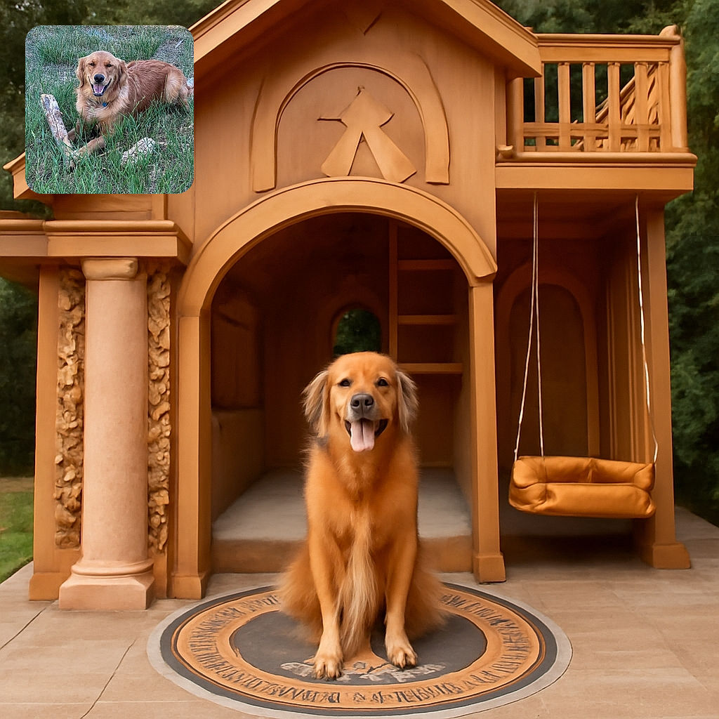 A happy golden retriever lying in the grass with a big stick, flashing a joyful smile that says 'I am the king of fetch!' The natural outdoor setting adds a peaceful vibe to the playful moment.