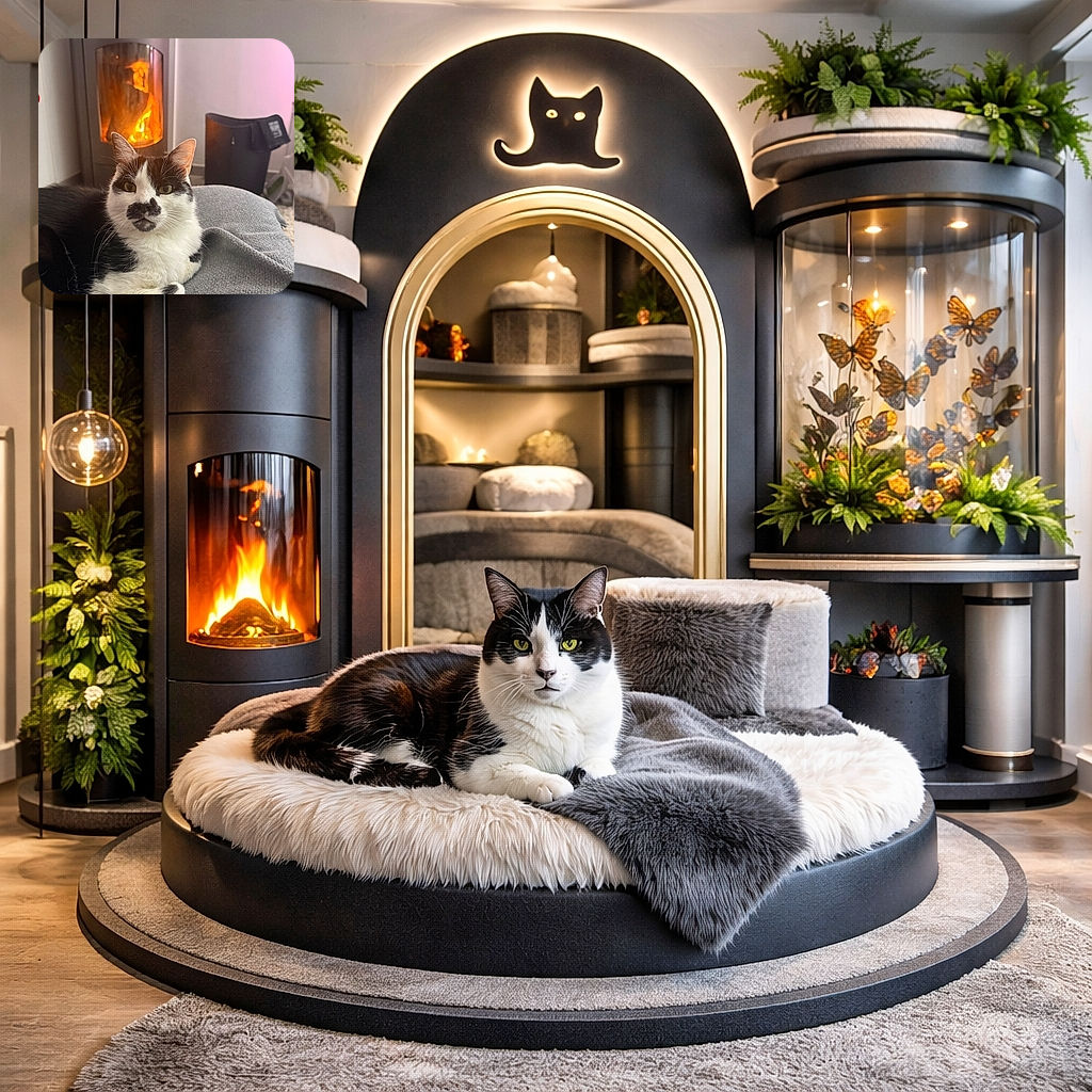 A tuxedo cat with a dramatic natural 'mustache' lounges on a grey blanket in front of a roaring wood stove, one paw tucked under and eyes wide as if judging your snack choices — pure cozy villain energy warmed by firelight.