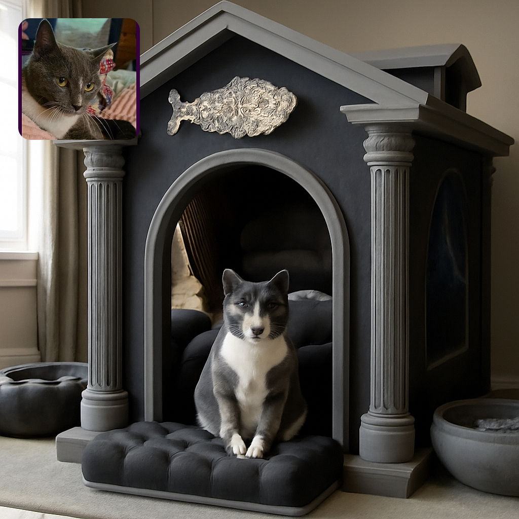 A close-up photo of a gray and white cat with striking yellow eyes resting on a soft pink blanket, looking intently at something off-camera. The background is softly blurred, highlighting the cat's calm and curious expression.