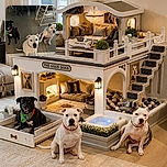 Three wonderfully patient dogs pose on the carpet like a very serious canine committee, with the front pup delivering an intense close-up stare while the bandana-wearing black dog and its white companion supervise from behind. A play gym, toys, furniture, and household clutter complete the lively indoor scene.