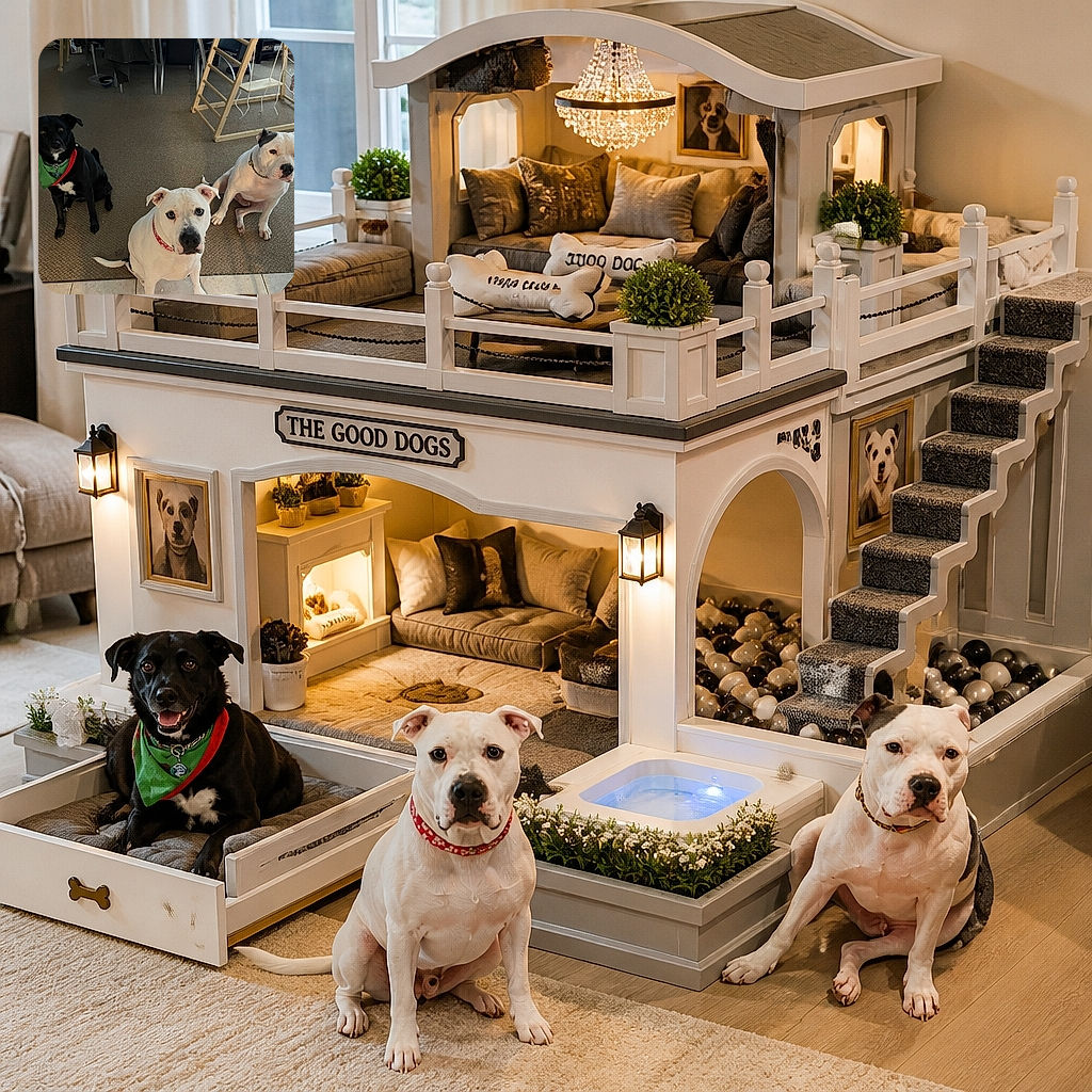 Three wonderfully patient dogs pose on the carpet like a very serious canine committee, with the front pup delivering an intense close-up stare while the bandana-wearing black dog and its white companion supervise from behind. A play gym, toys, furniture, and household clutter complete the lively indoor scene.