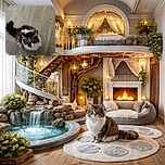 A fluffy cat with big curious eyes looks up from a wooden floor, its bushy tail curled behind it, captured in a soft monochrome tone that adds a vintage vibe.