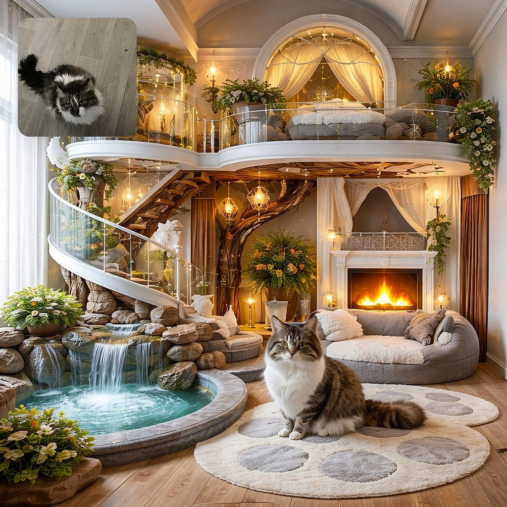 A fluffy cat with big curious eyes looks up from a wooden floor, its bushy tail curled behind it, captured in a soft monochrome tone that adds a vintage vibe.