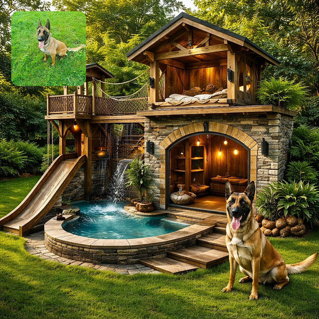 A happy Belgian Malinois dog sitting on lush green grass with its tongue out, looking eagerly at the camera, surrounded by small white flowers and vibrant greenery.
