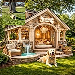 A happy golden retriever is lying on the green grass in front of a large tree trunk on a sunny day in a park. The dog looks content with its tongue out, basking in the warm sunlight with a clear blue sky and some leafless trees in the background.