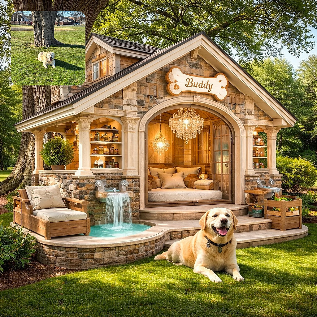 A happy golden retriever is lying on the green grass in front of a large tree trunk on a sunny day in a park. The dog looks content with its tongue out, basking in the warm sunlight with a clear blue sky and some leafless trees in the background.