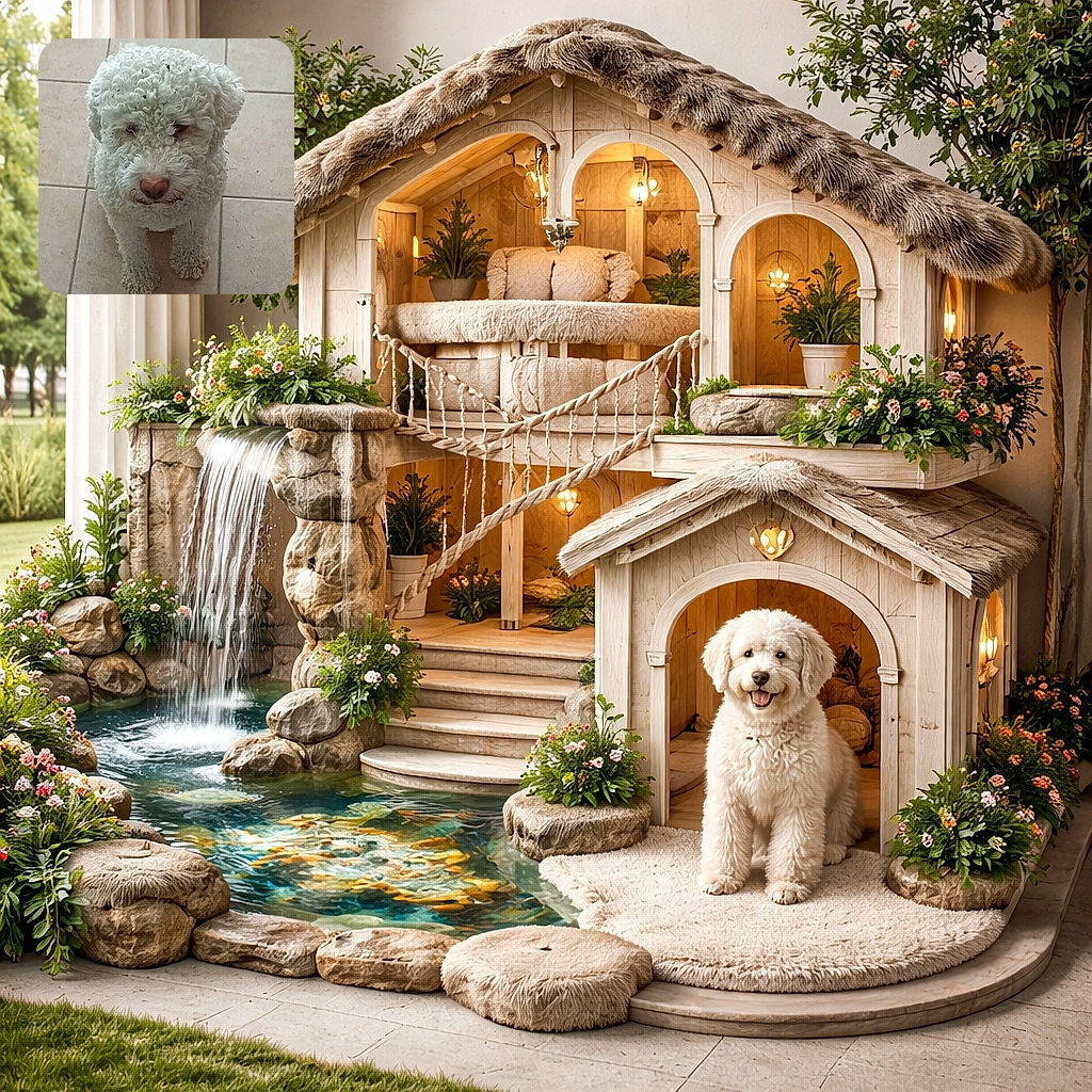 A fluffy white curly-haired dog sitting on a tiled floor looking up with a slightly mischievous expression, its fur a bit messy with small bits of debris caught in the curls.