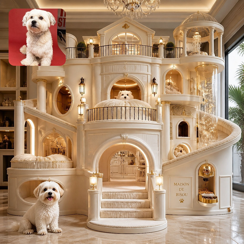 A fluffy white dog sits proudly on a vivid red backdrop, staring into the camera like a tiny, serious movie star who has just been asked to explain the missing treats. A smaller furry companion appears near its paws, adding an extra dose of canine comedy.