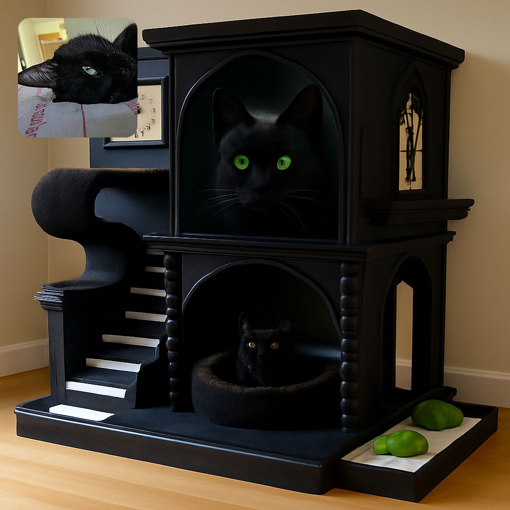 A close-up shot of a black cat lying on a bed with printed sheets, showing one bright green eye and a large ear, with a softly blurred indoor background.
