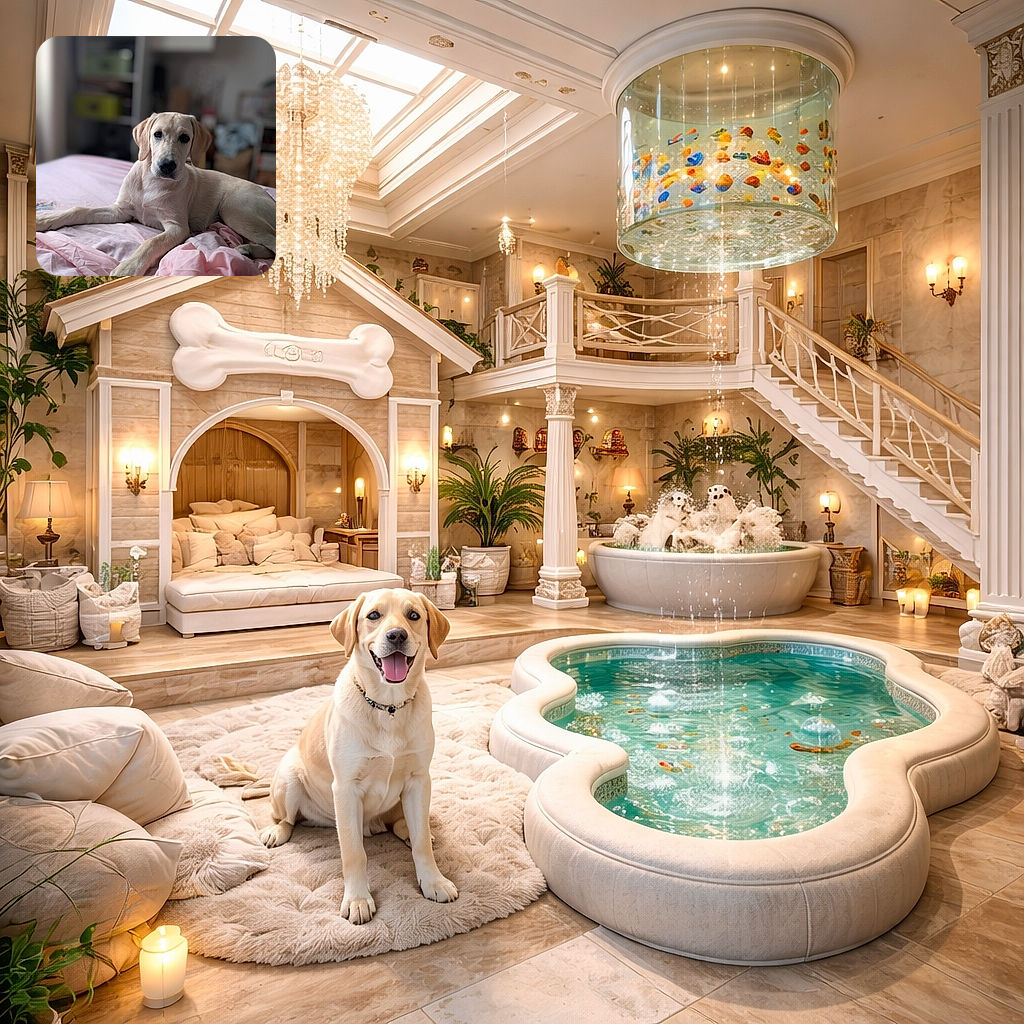 A charming young dog lounges on a rumpled pink bedspread, gazing curiously at the camera with soulful eyes. The softly blurred background hints at a cozy, lived-in room filled with shelves and household items, while the natural light gently highlights the dog's smooth fur and relaxed pose.
