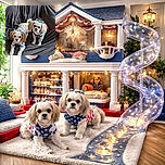 Two adorable small dogs dressed in patriotic star-spangled outfits lounge comfortably on a textured dark gray couch, both sporting little hair ties that add to their charm. The cozy setting and their expressive eyes make them look ready for a festive celebration or a cute photoshoot.