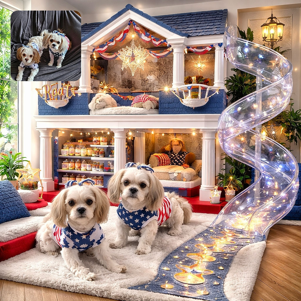Two adorable small dogs dressed in patriotic star-spangled outfits lounge comfortably on a textured dark gray couch, both sporting little hair ties that add to their charm. The cozy setting and their expressive eyes make them look ready for a festive celebration or a cute photoshoot.