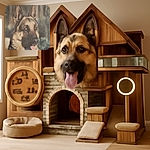 A close-up photo of a German Shepherd dog with its tongue slightly out, looking alert and attentive with a soft blurred background. The image has some glare and reflections, suggesting it might be a photo of a framed picture.