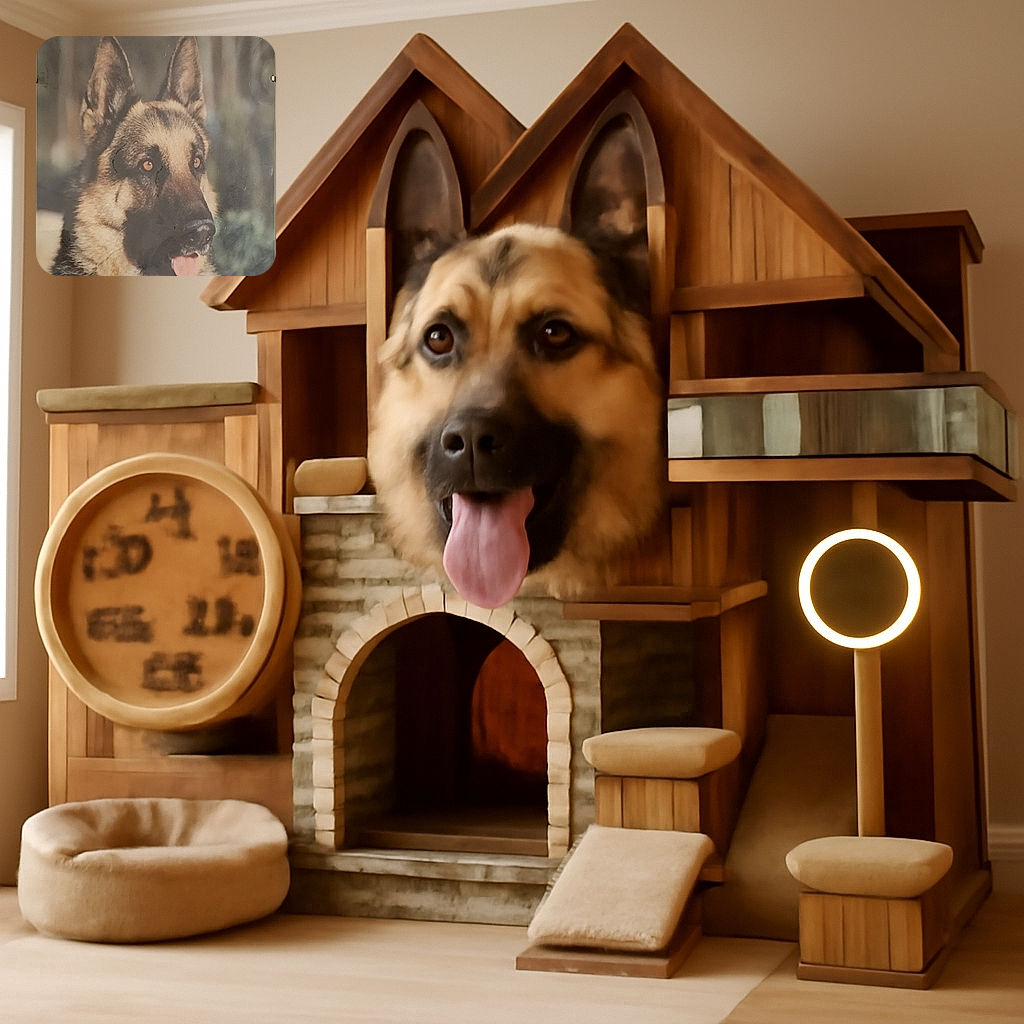 A close-up photo of a German Shepherd dog with its tongue slightly out, looking alert and attentive with a soft blurred background. The image has some glare and reflections, suggesting it might be a photo of a framed picture.