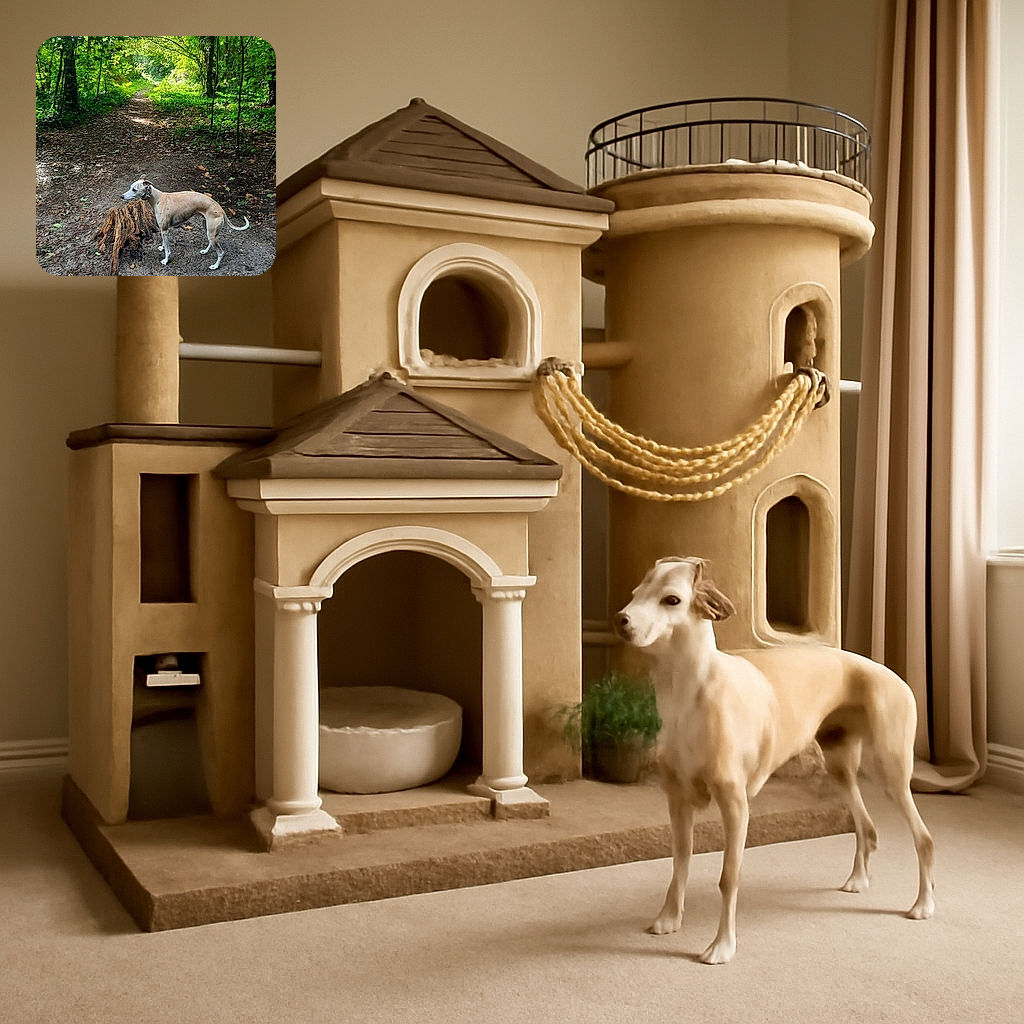 A slender dog stands alertly beside a large weathered tree stump on a leafy forest path, surrounded by lush green foliage and dappled sunlight filtering through the trees.