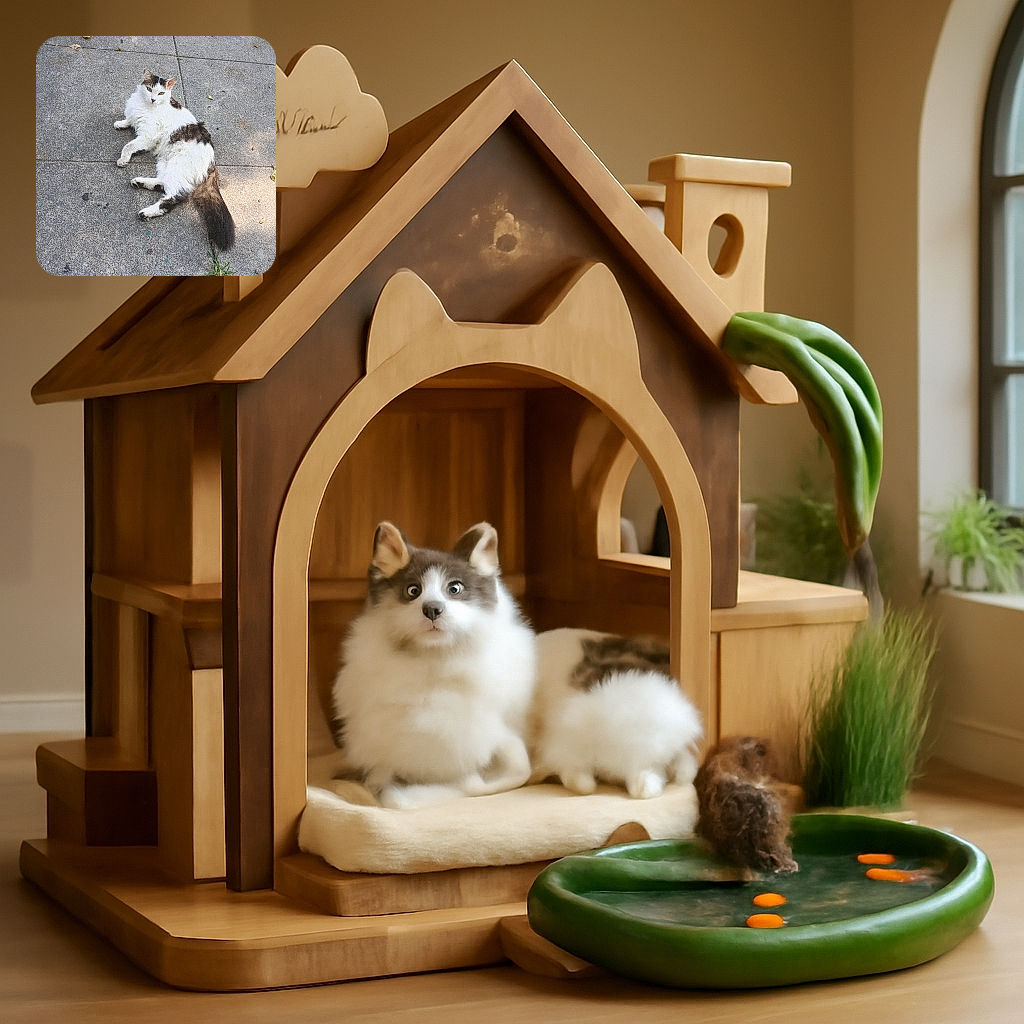 A fluffy white and gray cat lounges casually on a concrete sidewalk surrounded by scattered leaves and green grass patches, basking in the soft daylight with a curious gaze.