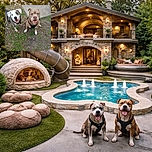 Two happy dogs sit eagerly on a patchy grass and dirt ground next to a concrete path, both wearing black harnesses and flashing big smiles like they're ready for a treat or a walk.