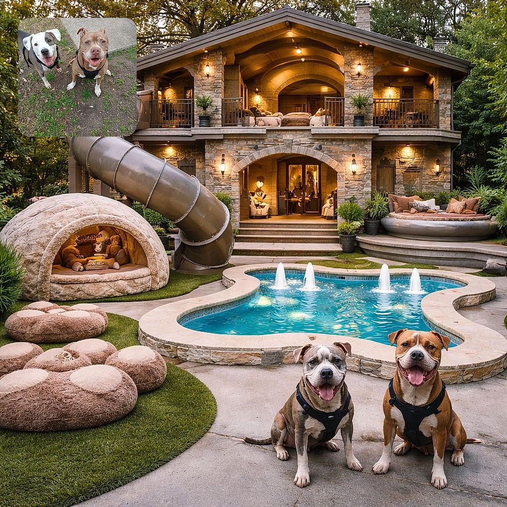 Two happy dogs sit eagerly on a patchy grass and dirt ground next to a concrete path, both wearing black harnesses and flashing big smiles like they're ready for a treat or a walk.
