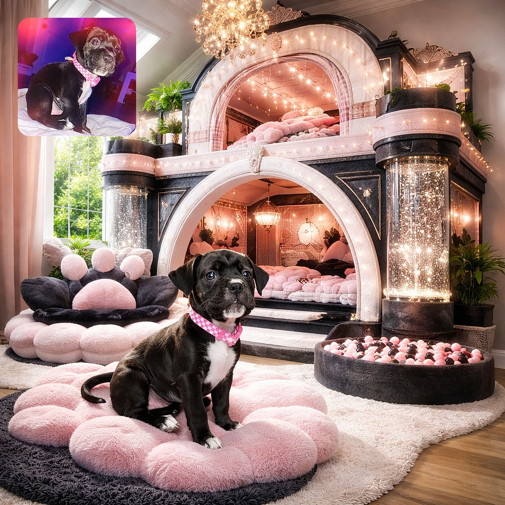 A tiny black puppy with a pink checkered collar is perched on a towel, giving the camera big, soulful eyes while magenta lens flares add an accidental glamorous filter. The living-room background is softly blurred, making this little furball look like the star of its own dramatic portrait — part diva, part 'who stole my squeaky toy?'.