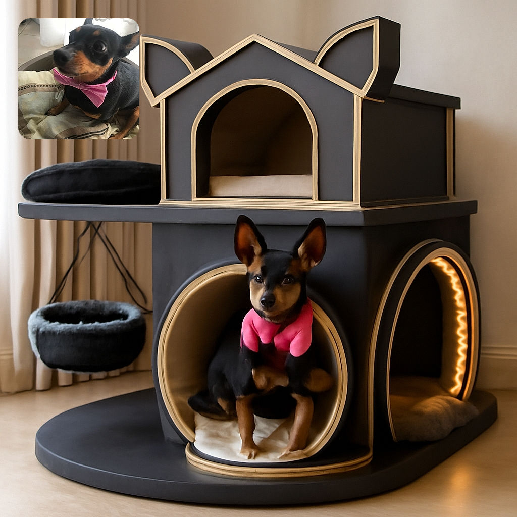 A small black and brown dog wearing a bright pink bow tie sits on a cozy blanket in a pet bed, looking slightly off-camera with curious eyes. The background features a white curtain with a subtle pattern, creating a soft and homey atmosphere.