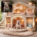 A curious dog with a pink collar and a bone-shaped tag stares intently, sitting comfortably on a couch with a cozy blanket, surrounded by dim indoor lighting and a patterned background.