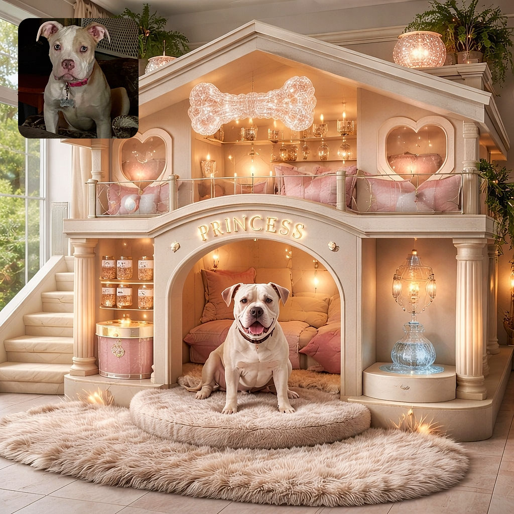 A curious dog with a pink collar and a bone-shaped tag stares intently, sitting comfortably on a couch with a cozy blanket, surrounded by dim indoor lighting and a patterned background.