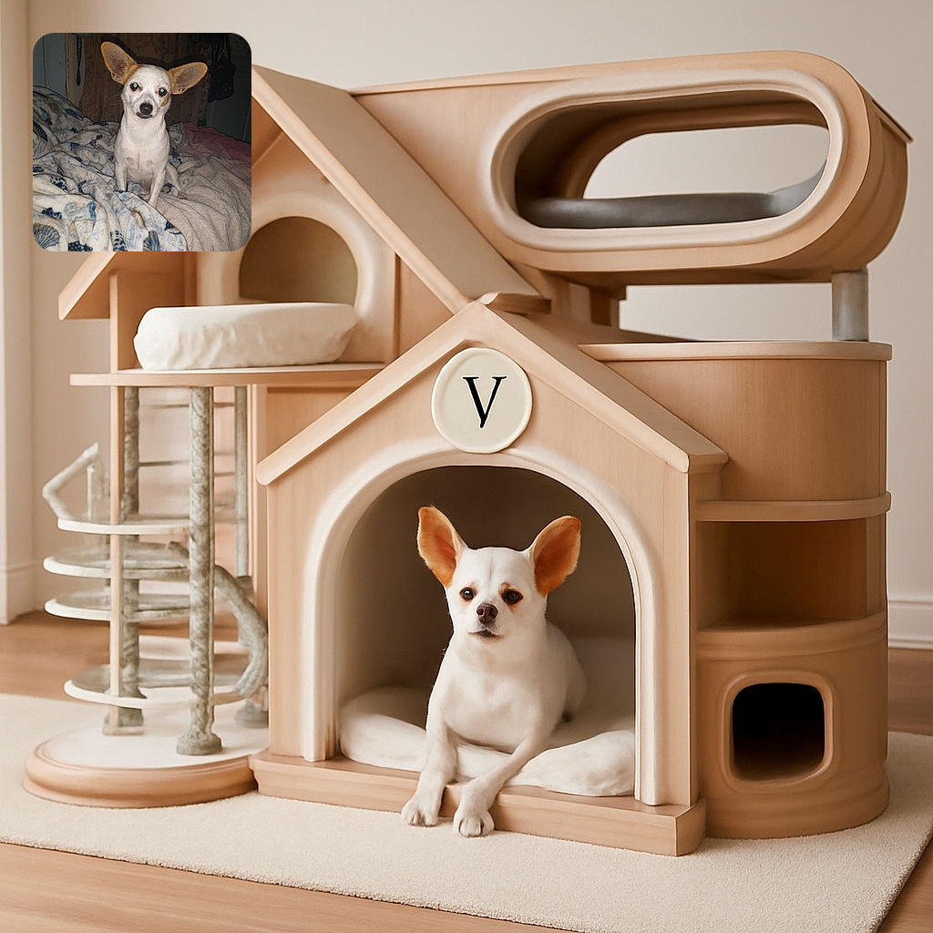 A cute small dog with large ears sits attentively on a cozy bed covered with patterned blankets, looking curiously at the camera with a slight head tilt, surrounded by a dimly lit room background.