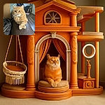A fluffy orange cat with a dignified expression sits with its paws crossed on a worn leather surface, surrounded by everyday household items and a cozy blanket in the background.