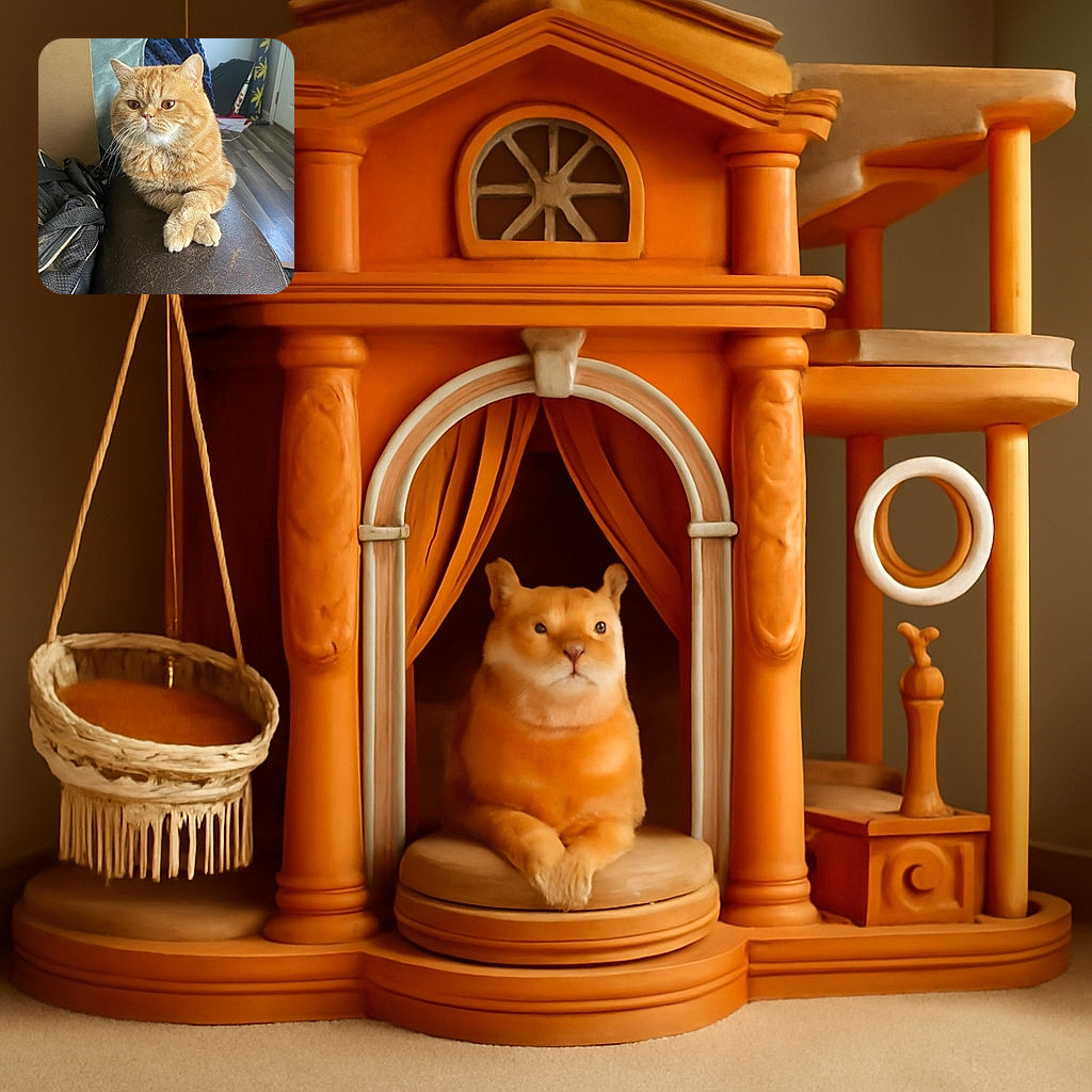 A fluffy orange cat with a dignified expression sits with its paws crossed on a worn leather surface, surrounded by everyday household items and a cozy blanket in the background.