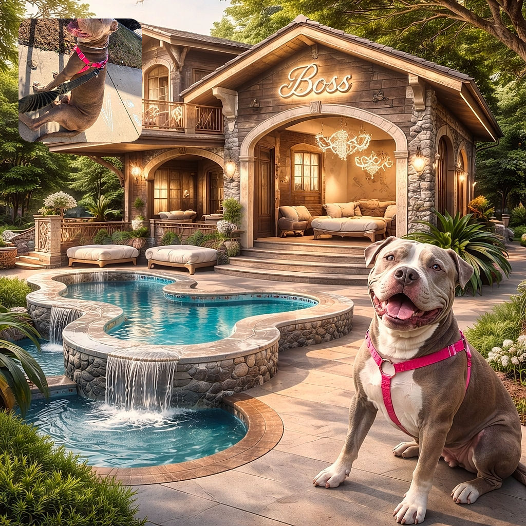 A happy dog wearing a bright pink harness sits on a sidewalk looking back with a big smile, leash in tow, ready for an adventure on a sunny day with some chalk drawings nearby.