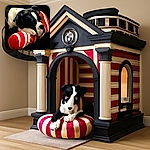 A black and white dog resting its head on a red and white striped cushion, looking cozy and relaxed in a close-up shot with a dark background.