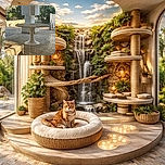 A sunbathing dog lounges on a stone ledge in the warm light, photobombed by a sculptural round table in the foreground and a white gate and palm plants in the background — a sleepy patio scene that feels like a holiday postcard with a canine cameo.