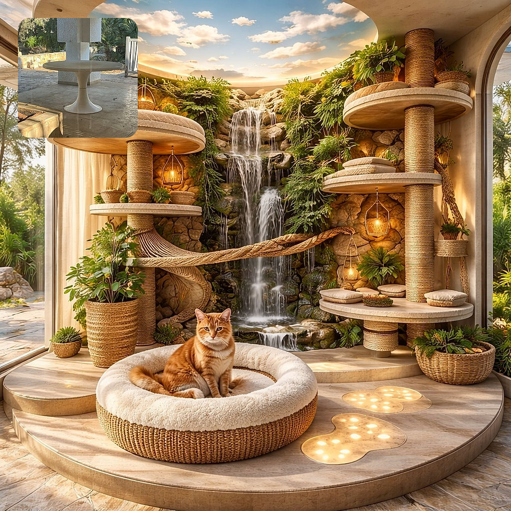 A sunbathing dog lounges on a stone ledge in the warm light, photobombed by a sculptural round table in the foreground and a white gate and palm plants in the background — a sleepy patio scene that feels like a holiday postcard with a canine cameo.