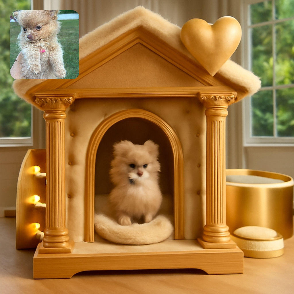 A fluffy little tan puppy is being held up outdoors, looking adorably pensive with its tiny paws stretched out. The background is a soft blur of green grass and trees, making the pup the undeniable star of the photo.