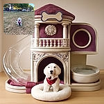 A fluffy white dog wearing a bright pink harness sits happily on a patch of dry grass in a park, tongue out and looking cheerful. The background features a chain-link fence, trees with green leaves, parked cars, and a bright blue sky with scattered clouds, capturing a lively sunny day outdoors.