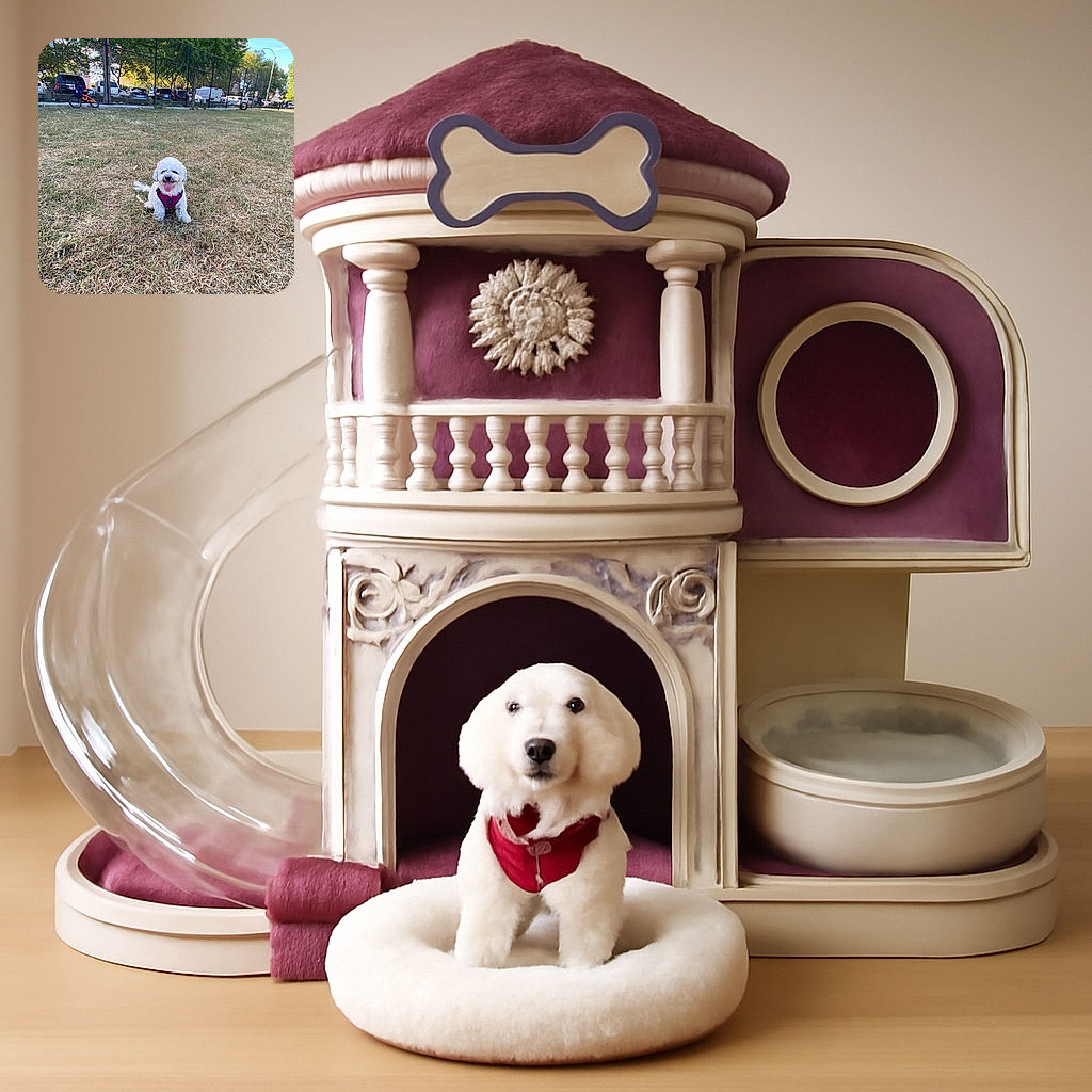 A fluffy white dog wearing a bright pink harness sits happily on a patch of dry grass in a park, tongue out and looking cheerful. The background features a chain-link fence, trees with green leaves, parked cars, and a bright blue sky with scattered clouds, capturing a lively sunny day outdoors.