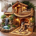 A dog is lying stretched out on a tiled floor in what looks like a cozy indoor space, with a purple mop and a pink scooter in the background next to a bookshelf filled with books and DVDs.