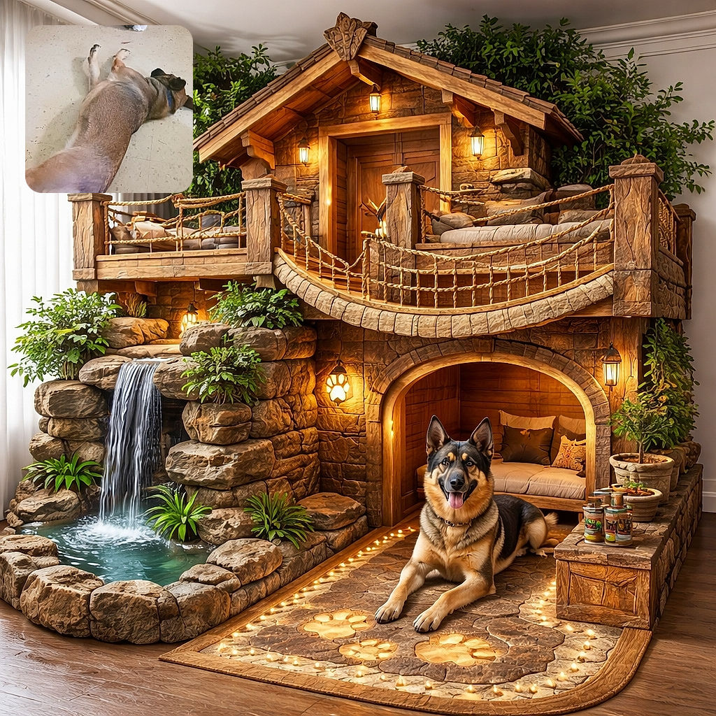A dog is lying stretched out on a tiled floor in what looks like a cozy indoor space, with a purple mop and a pink scooter in the background next to a bookshelf filled with books and DVDs.