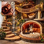 A calico cat is comfortably lounging on a soft blanket with a decorative pillow behind it, its bright eyes staring curiously at the camera. The warm lighting enhances the rich colors of its fur, creating a cozy and inviting scene.