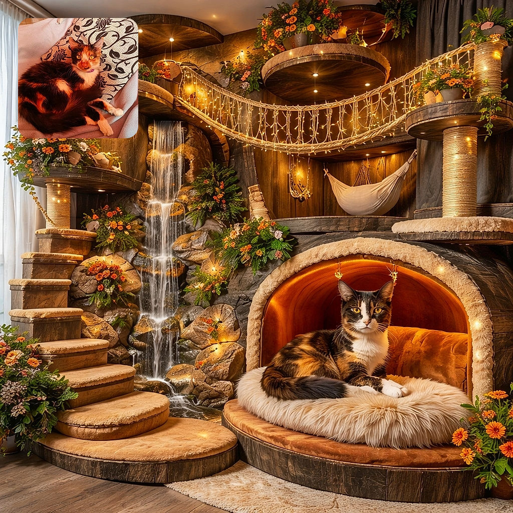 A calico cat is comfortably lounging on a soft blanket with a decorative pillow behind it, its bright eyes staring curiously at the camera. The warm lighting enhances the rich colors of its fur, creating a cozy and inviting scene.